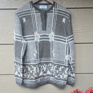 Vintage Sambucari Italian Wool Knit Sweater Green Gray Floral Fair Isle Small S